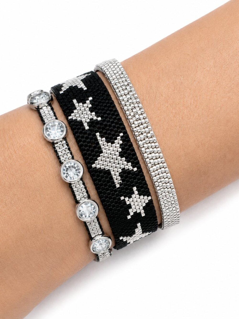 Handmade Waterproof Black & Silver Beaded Bracelet Stack | Boho